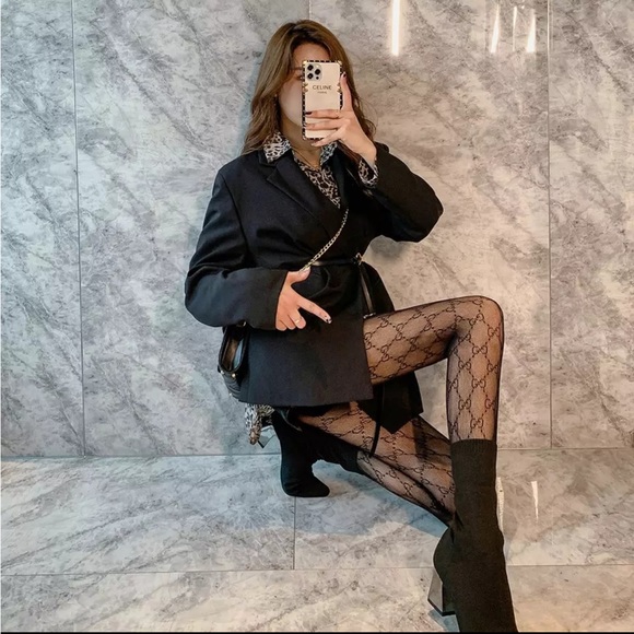 Diamond Fishnet Print Nylon Women Pantyhose Stretch Black GGTights Logo On Waist - Picture 2 of 16